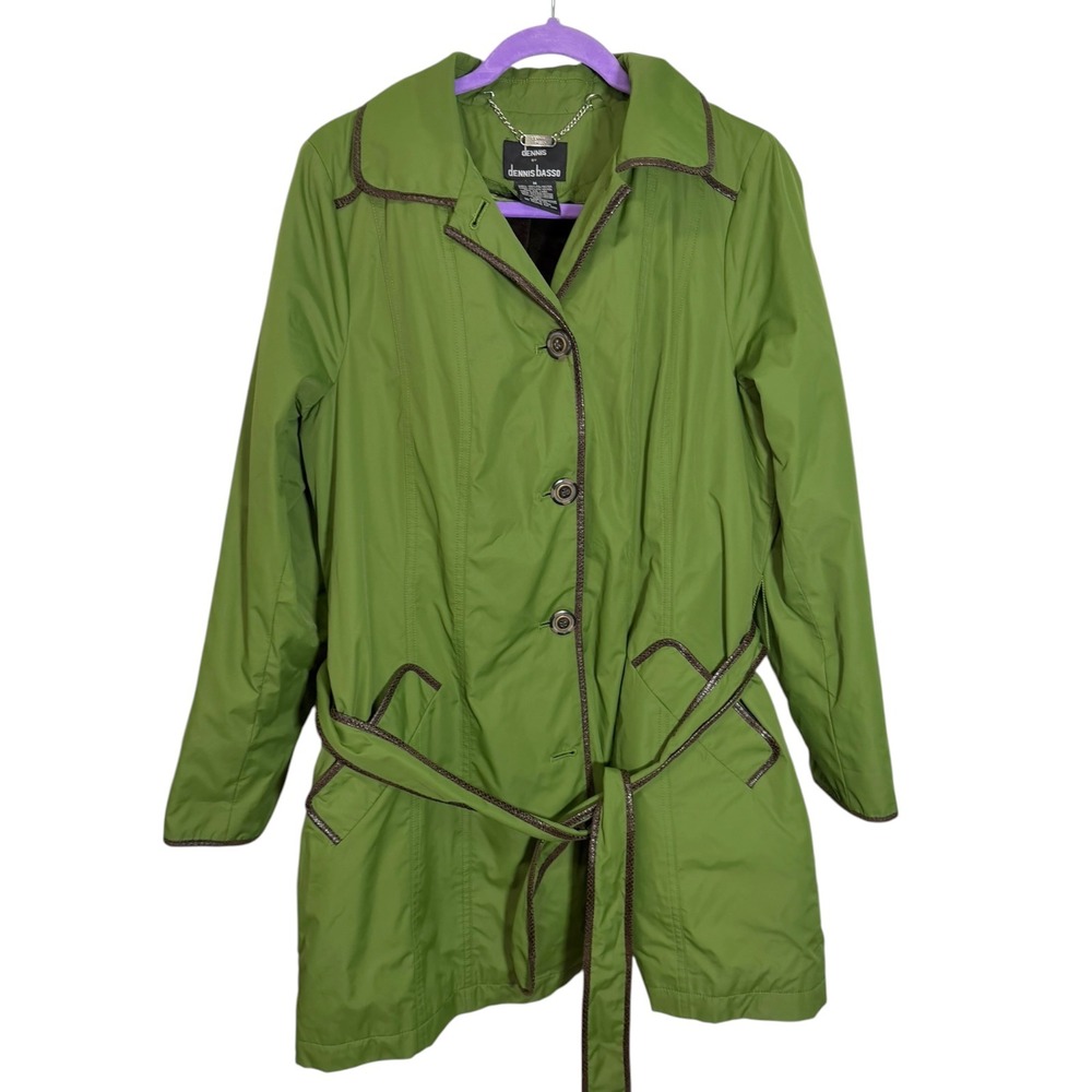 Dennis Basso M Green Trench Coat Removable Faux Fur Liner Belted Utility Classic